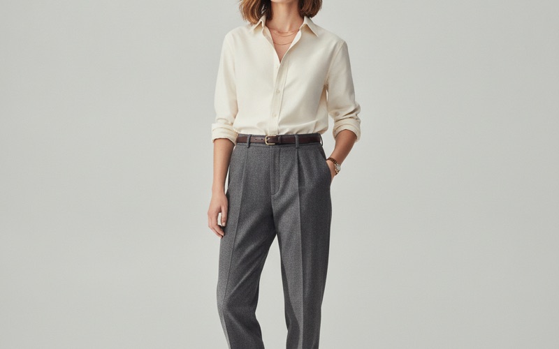 A different morning's look: cream poplin shirt, dark leather belt, pleated grey trousers.