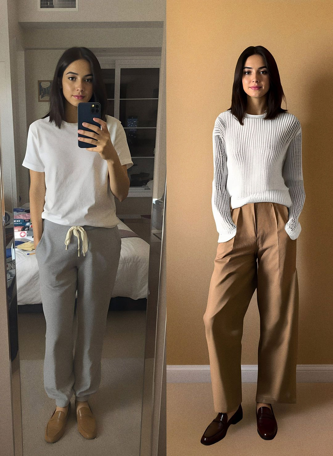 Sunday's product in one frame: on the left, the iPhone mirror selfie a member sends; on the right, the same woman rendered in this morning's look. Rendered pieces: Massimo Dutti Cutwork Knit $200 · Zara Relaxed Flowy Pants $69.90.