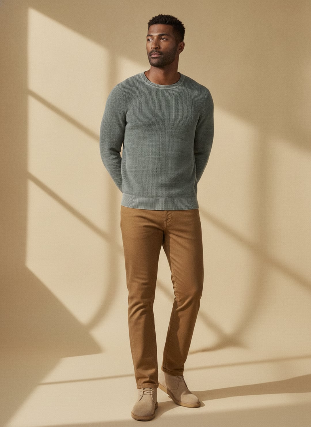AI-rendered model wearing an olive crewneck sweater and brown twill pants