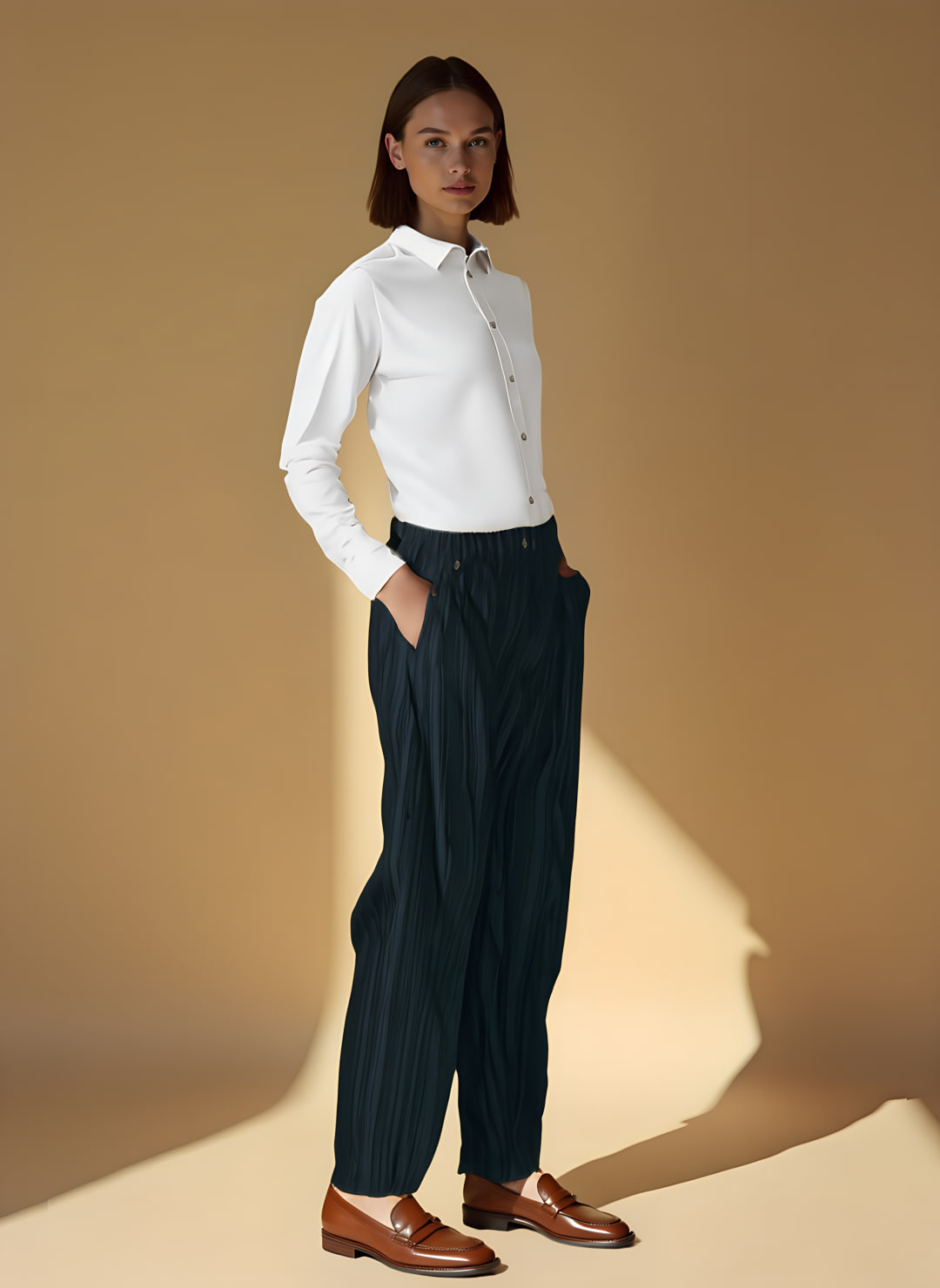 A look rendered by Sunday: a woman in a white button-down tucked into dark indigo bloomer pants, with brown leather loafers. Rendered pieces: Vuori Bridge Button Down $78 · Zara Striped Bloomer Pants $89.90.