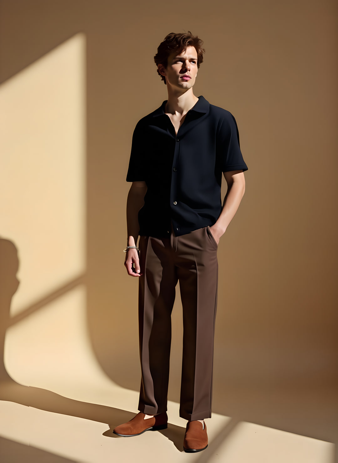 A man stands in a sunlit studio, one hand in his pocket. Rendered pieces: Massimo Dutti Short Sleeve Knit Cardigan $90.