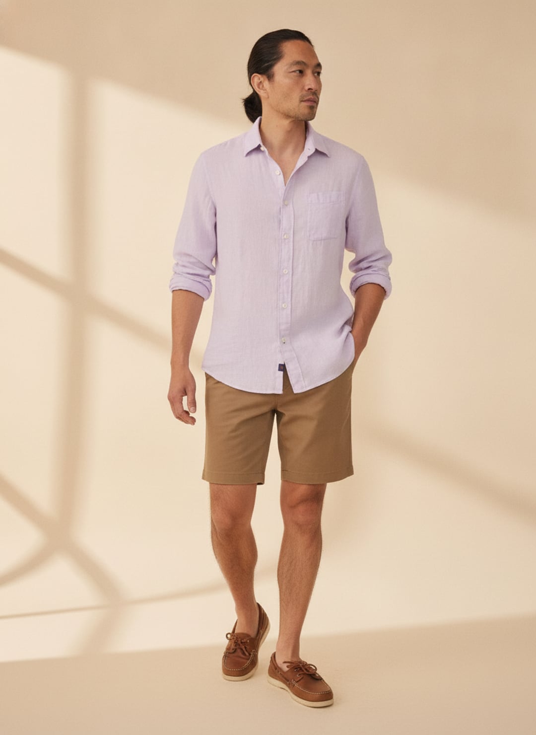 AI-rendered model wearing a lilac linen shirt and brown shorts
