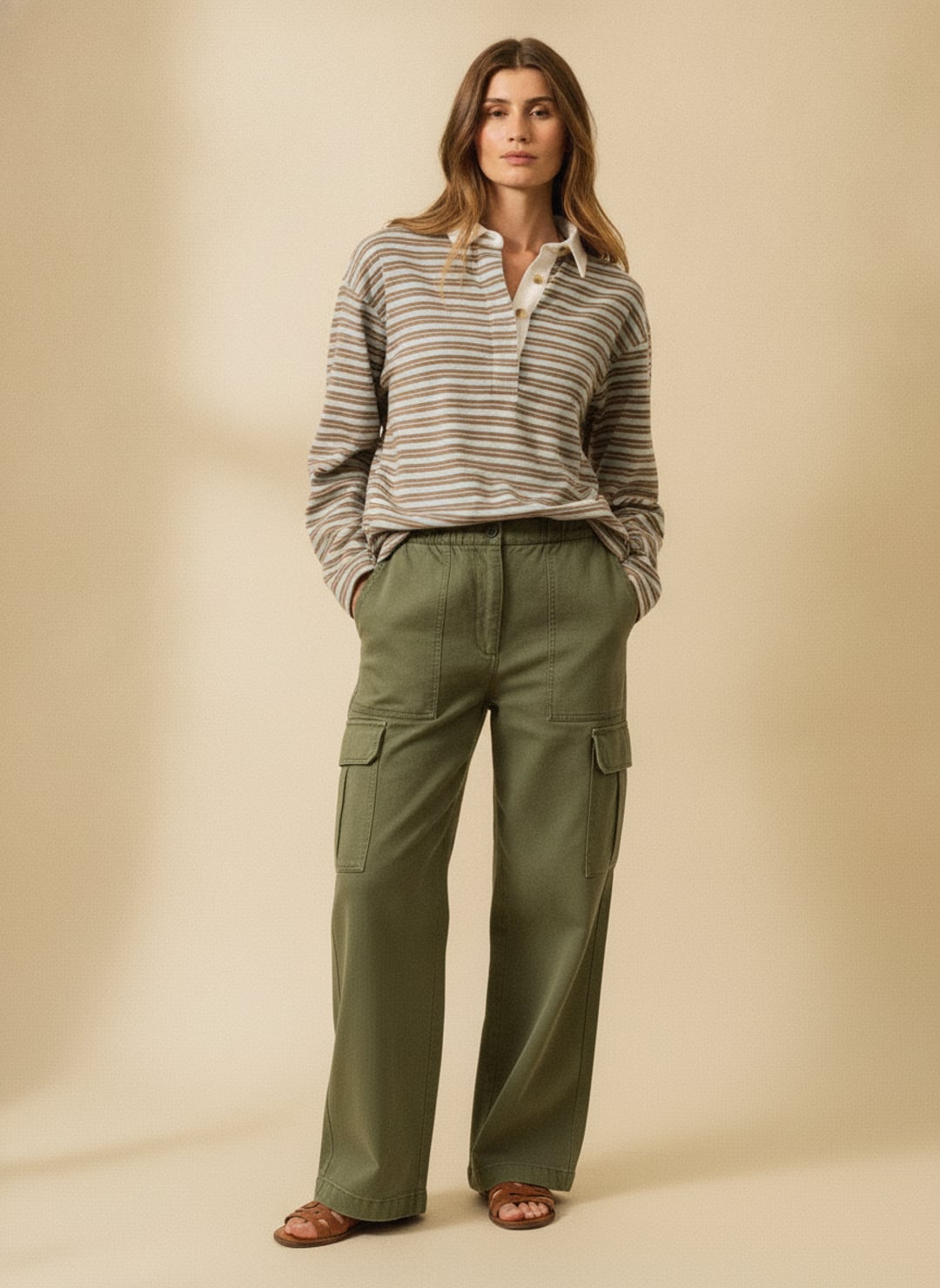 AI-rendered model wearing a striped rugby shirt and olive utility pants