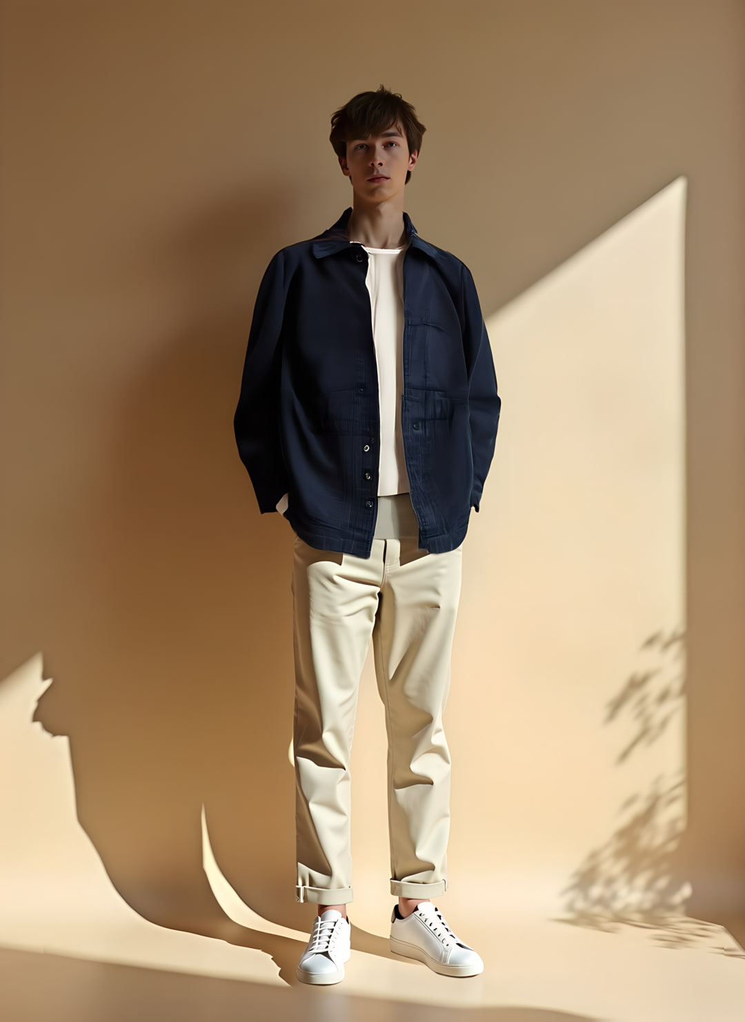 A look rendered by Sunday: a man in a navy chore jacket over a white tee, with cream trousers and white leather sneakers. Rendered pieces: Nudie Jeans Lovis Jacket $245.