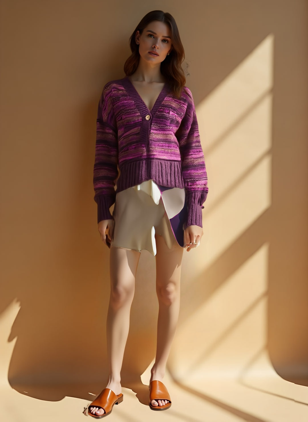 A look rendered by Sunday: a woman in a striped purple cardigan with a short ecru skirt and tan leather slides. Rendered pieces: Faherty Cliffwalk Cardigan $159 · Zara Ribbed Straight Skirt $35.90.
