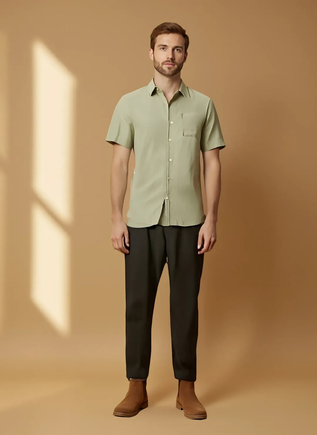 A look rendered by Sunday: a man in a sage green linen shirt worn over black cargo trousers, with brown suede boots. Rendered pieces: Scotch & Soda Linen Short Sleeved Shirt $118 · Adidas Y-3 Cargo Pants $330.