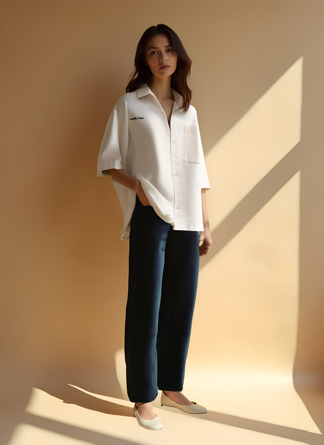 A look rendered by Sunday: a woman in an oversized white overshirt with dark wide-leg jeans and cream leather flats. Rendered pieces: Zara Embroidered Boxy Overshirt $69.90 · Nudie Jeans Sonic Sue $220.