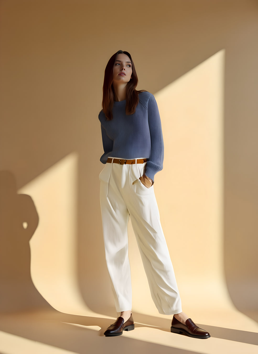 A woman stands in a sunlit studio, hands in her pockets. Rendered pieces: Aimé Leon Dore Denim Crewneck $350 · Zara Linen Belted Pants $59.90.